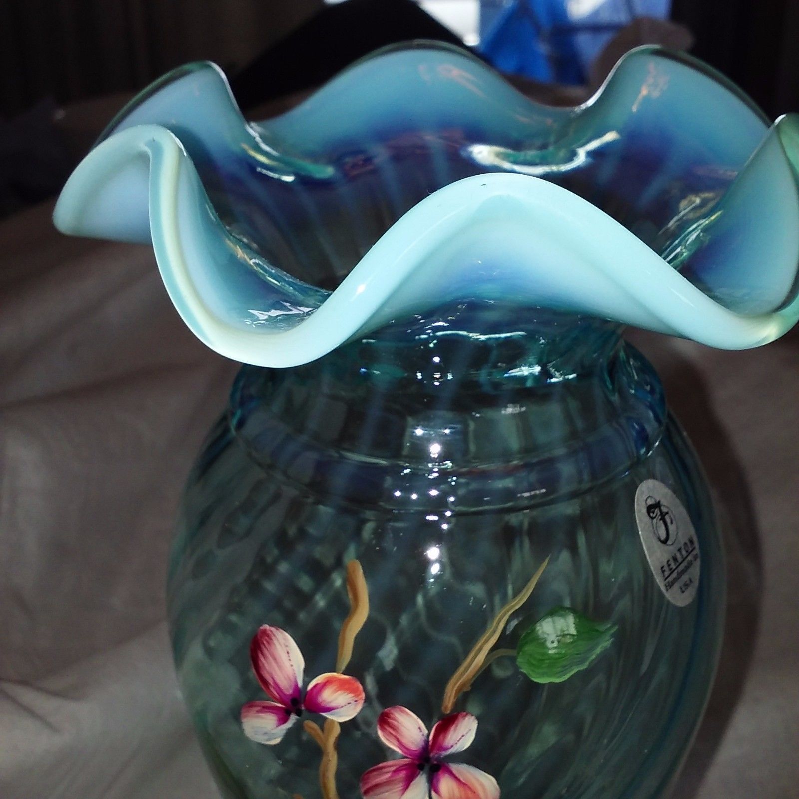 FENTON ART GLASS BLUE OPALESCENT SPIRAL OPTIC HAND PAINTED RUFFLED TOP VASE