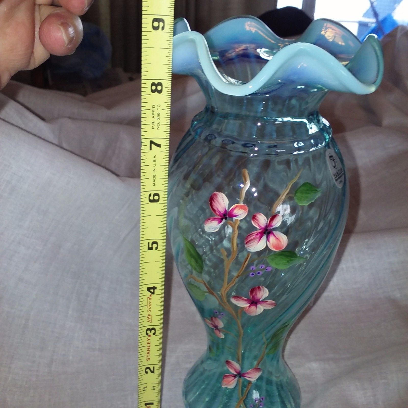 FENTON ART GLASS BLUE OPALESCENT SPIRAL OPTIC HAND PAINTED RUFFLED TOP VASE