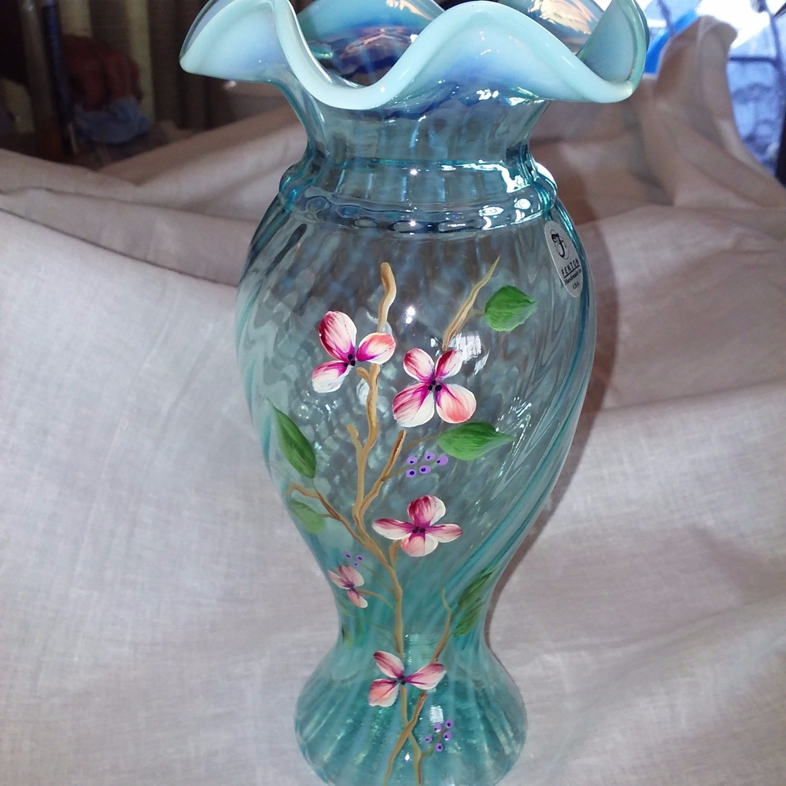 FENTON ART GLASS BLUE OPALESCENT SPIRAL OPTIC HAND PAINTED RUFFLED TOP VASE