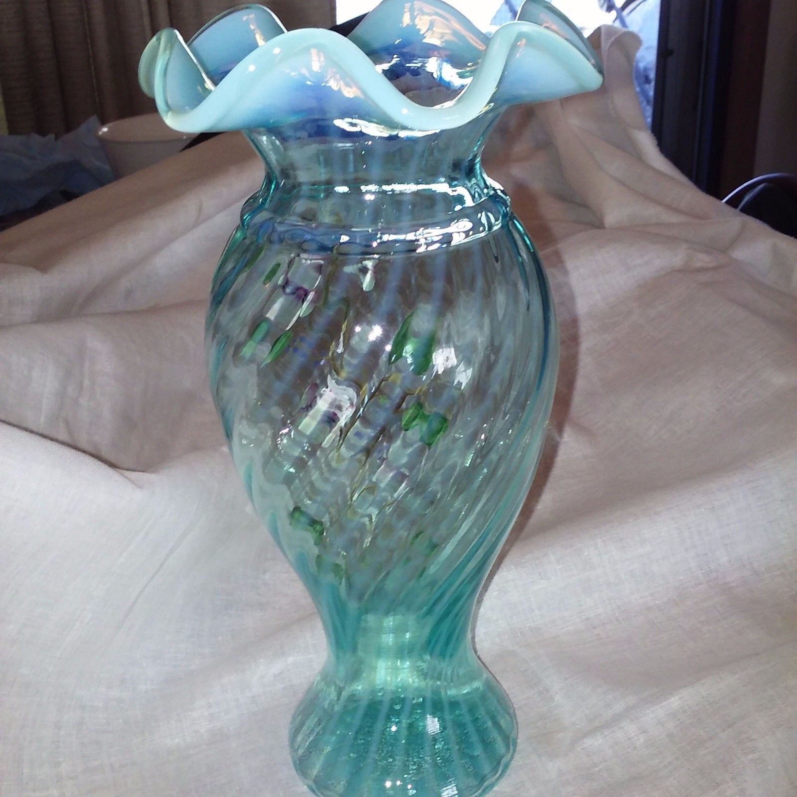 FENTON ART GLASS BLUE OPALESCENT SPIRAL OPTIC HAND PAINTED RUFFLED TOP VASE