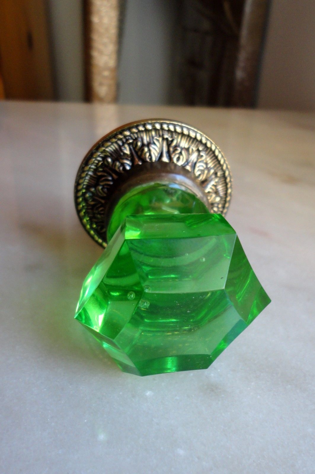 ANTIQUE Drawer KNOB  - URANIUM GREEN Glass - VICTORIAN ERA Pulls Handles