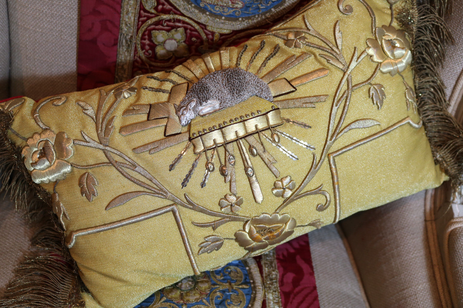 Antique French Pillow Gold Metallic Embroidery Stumpwork Lamb of God Roses