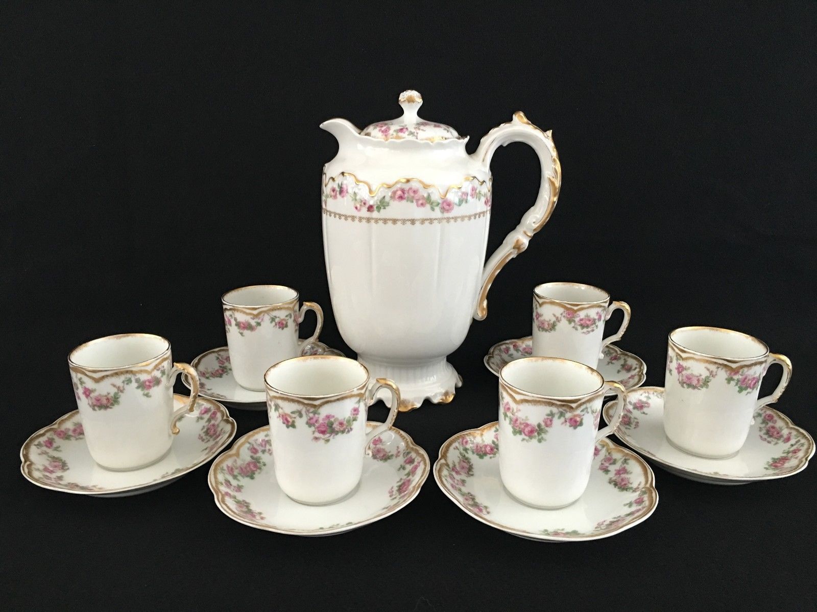 Antique Haviland Limoges Porcelain Demitasse Chocolate Pot 6 C/S Pink Rose Swags