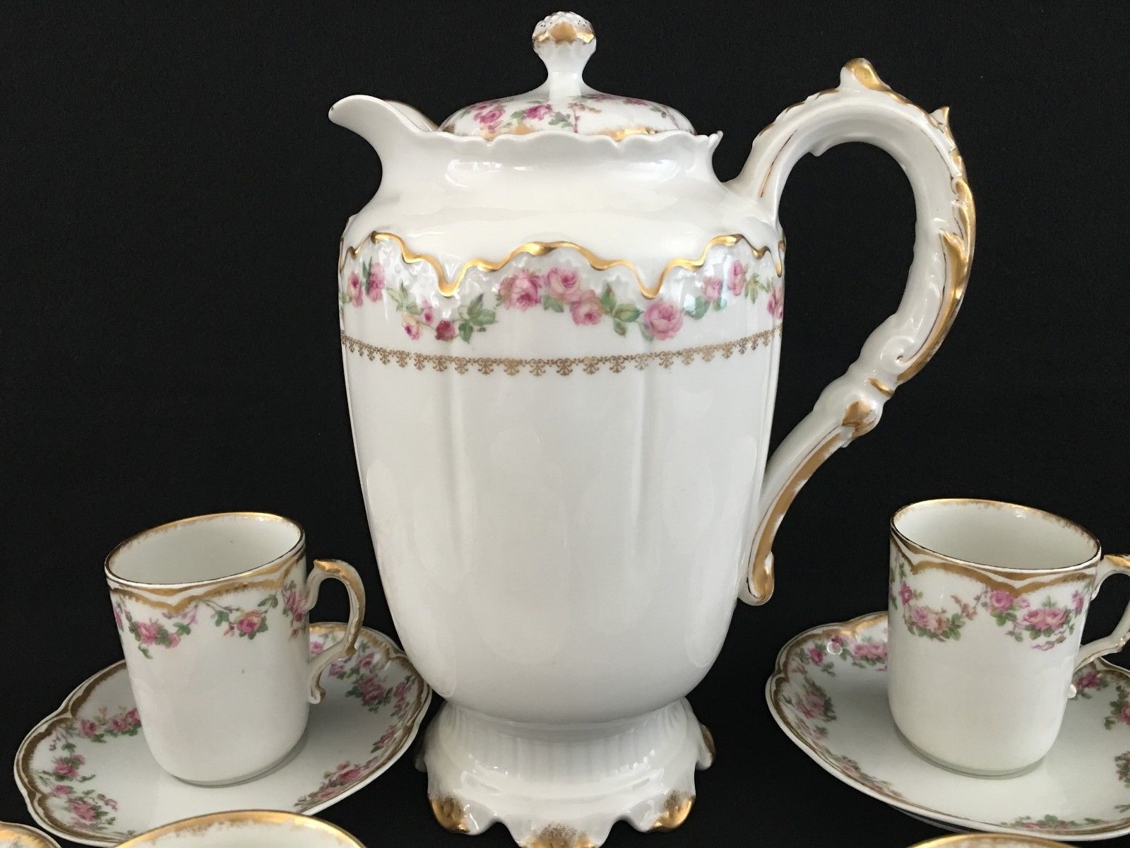 Antique Haviland Limoges Porcelain Demitasse Chocolate Pot 6 C/S Pink Rose Swags