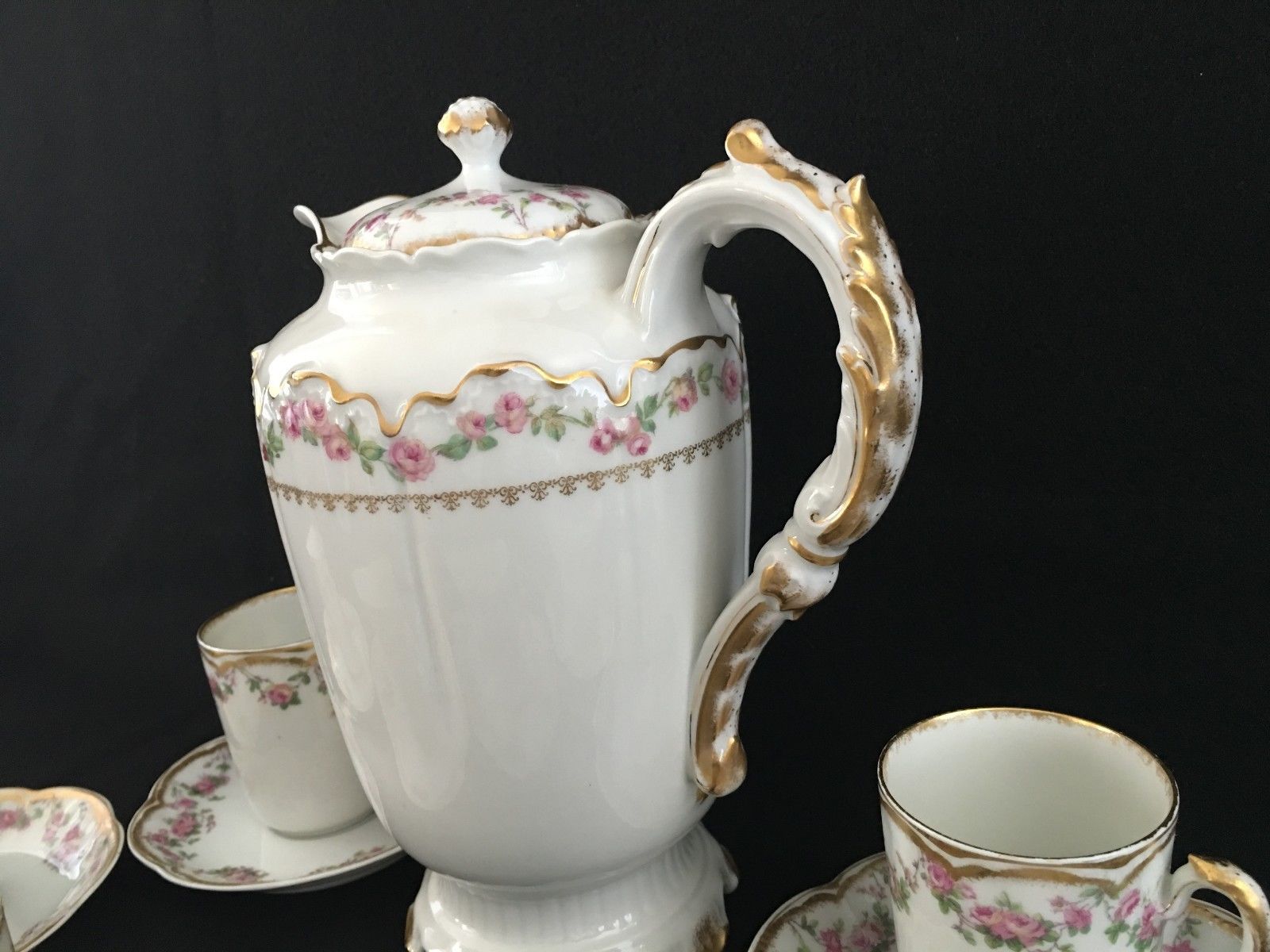 Antique Haviland Limoges Porcelain Demitasse Chocolate Pot 6 C/S Pink Rose Swags