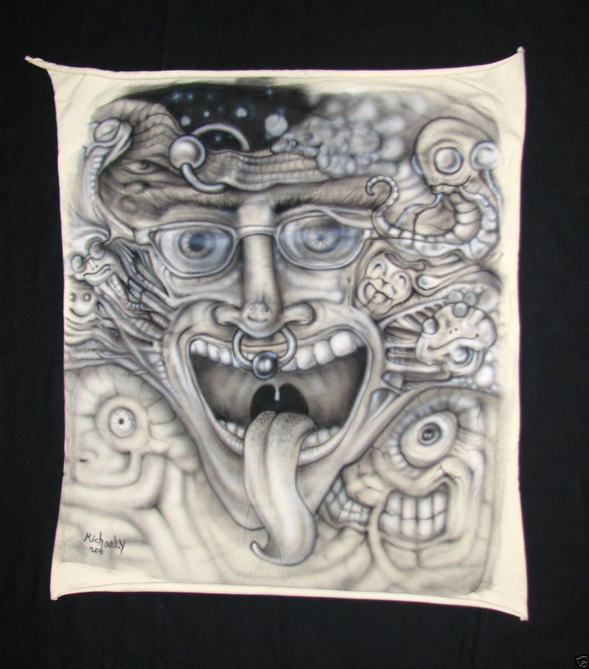 Psychedelic LSD Art Crazy Face Airbrush Painting Acrylic Textile Fabric Signed