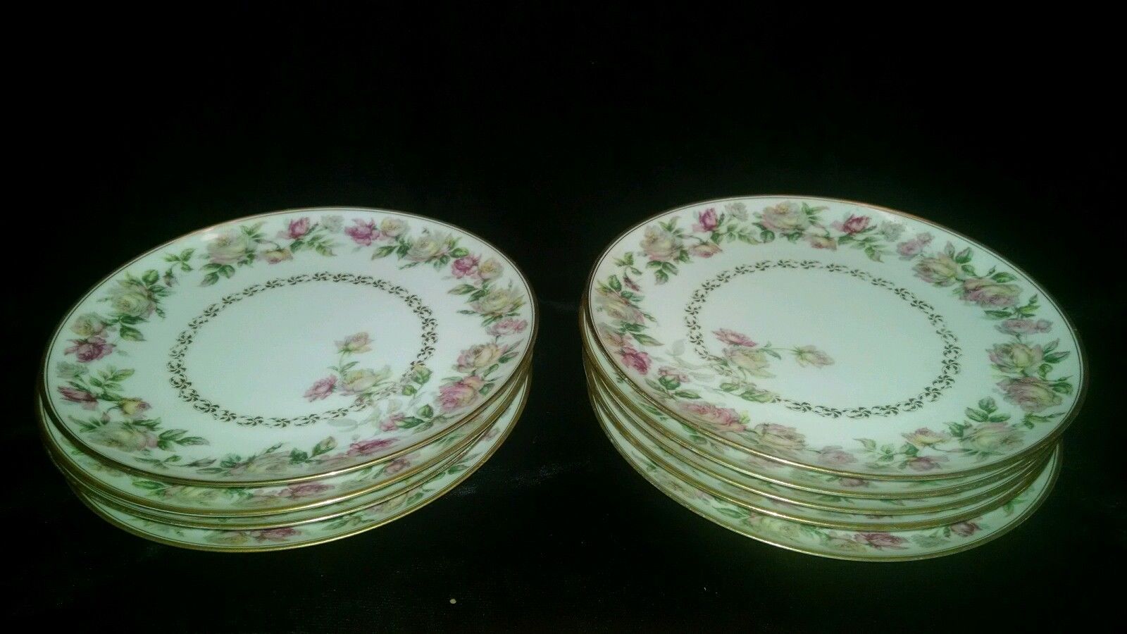 9 Haviland Limoges Drop Rose and Gold Trim 8 1/2" Salad Plates Schleiger #496