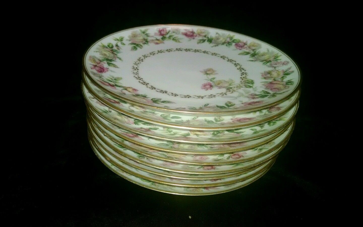 9 Haviland Limoges Drop Rose and Gold Trim 8 1/2" Salad Plates Schleiger #496