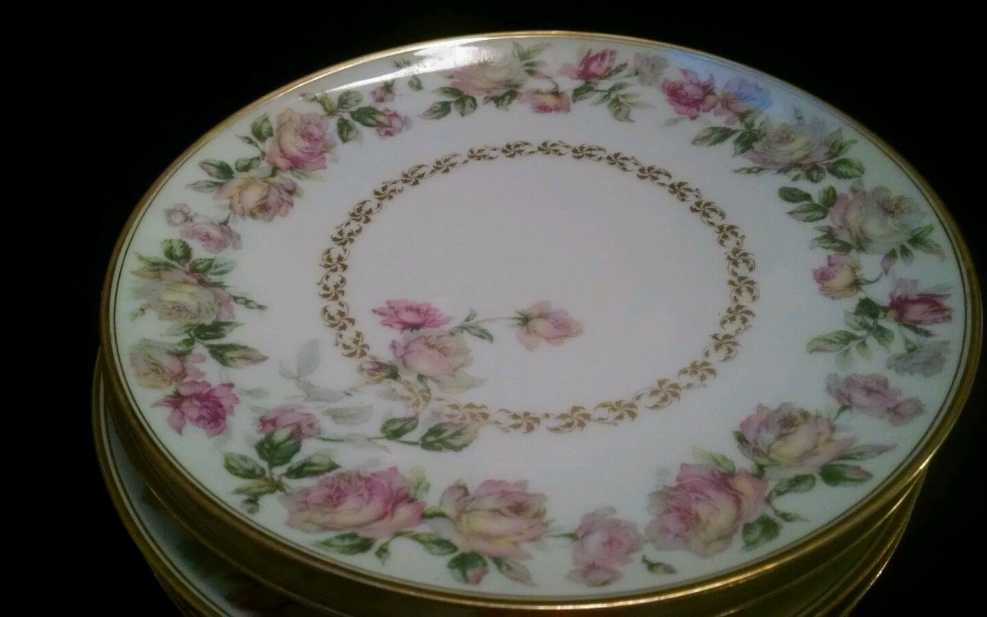 9 Haviland Limoges Drop Rose and Gold Trim 8 1/2" Salad Plates Schleiger #496