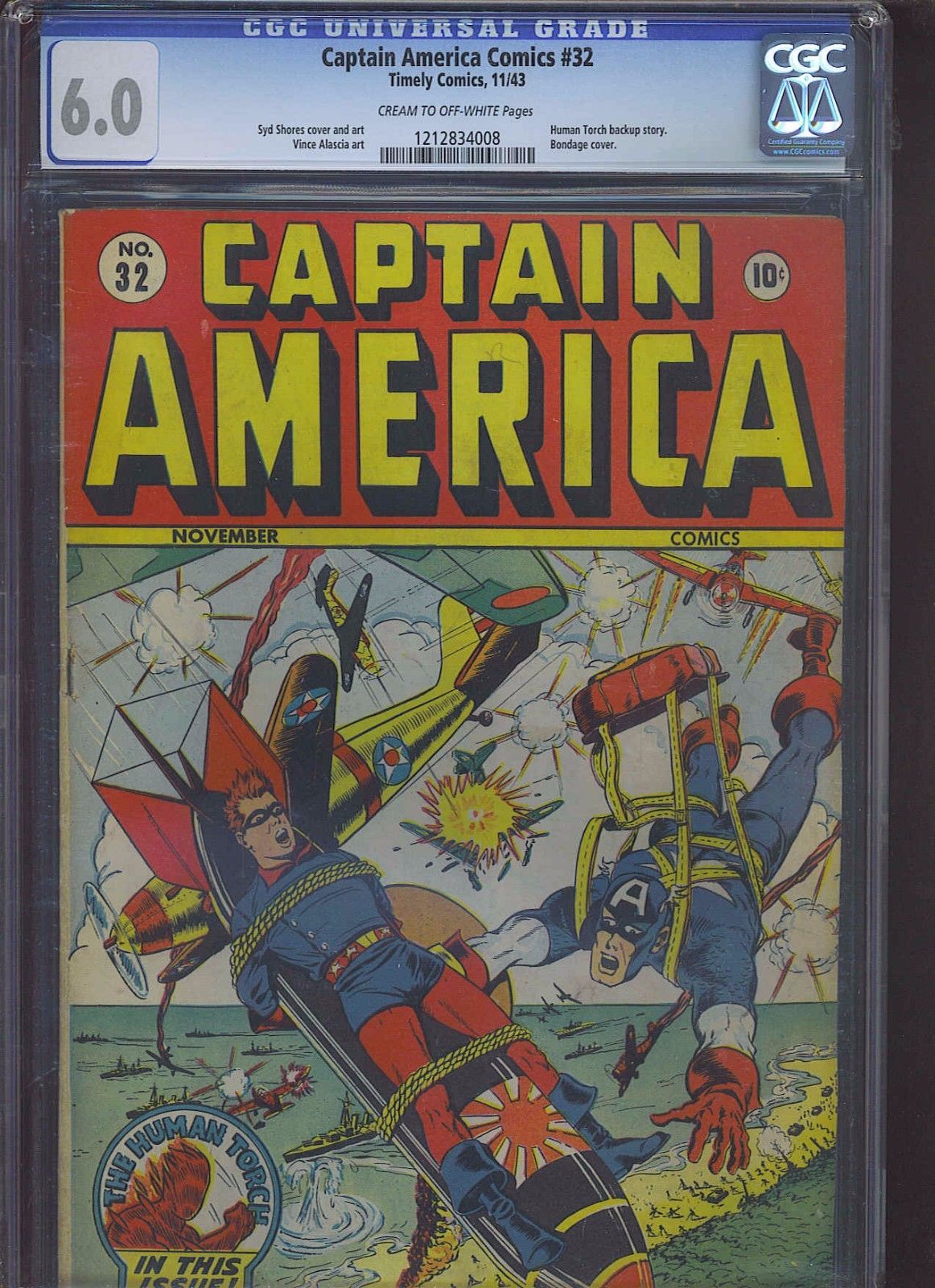 CAPTAIN AMERICA #32 CGC FN 6.0; CM-OW; classic "Bucky Strapped to Bomb" cover!