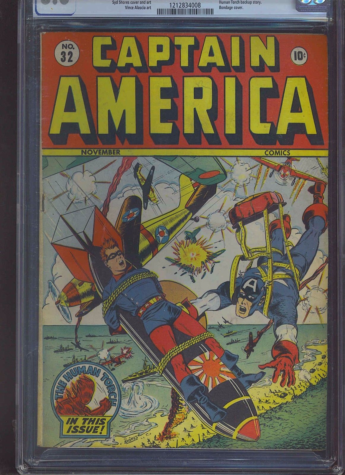 CAPTAIN AMERICA #32 CGC FN 6.0; CM-OW; classic "Bucky Strapped to Bomb" cover!