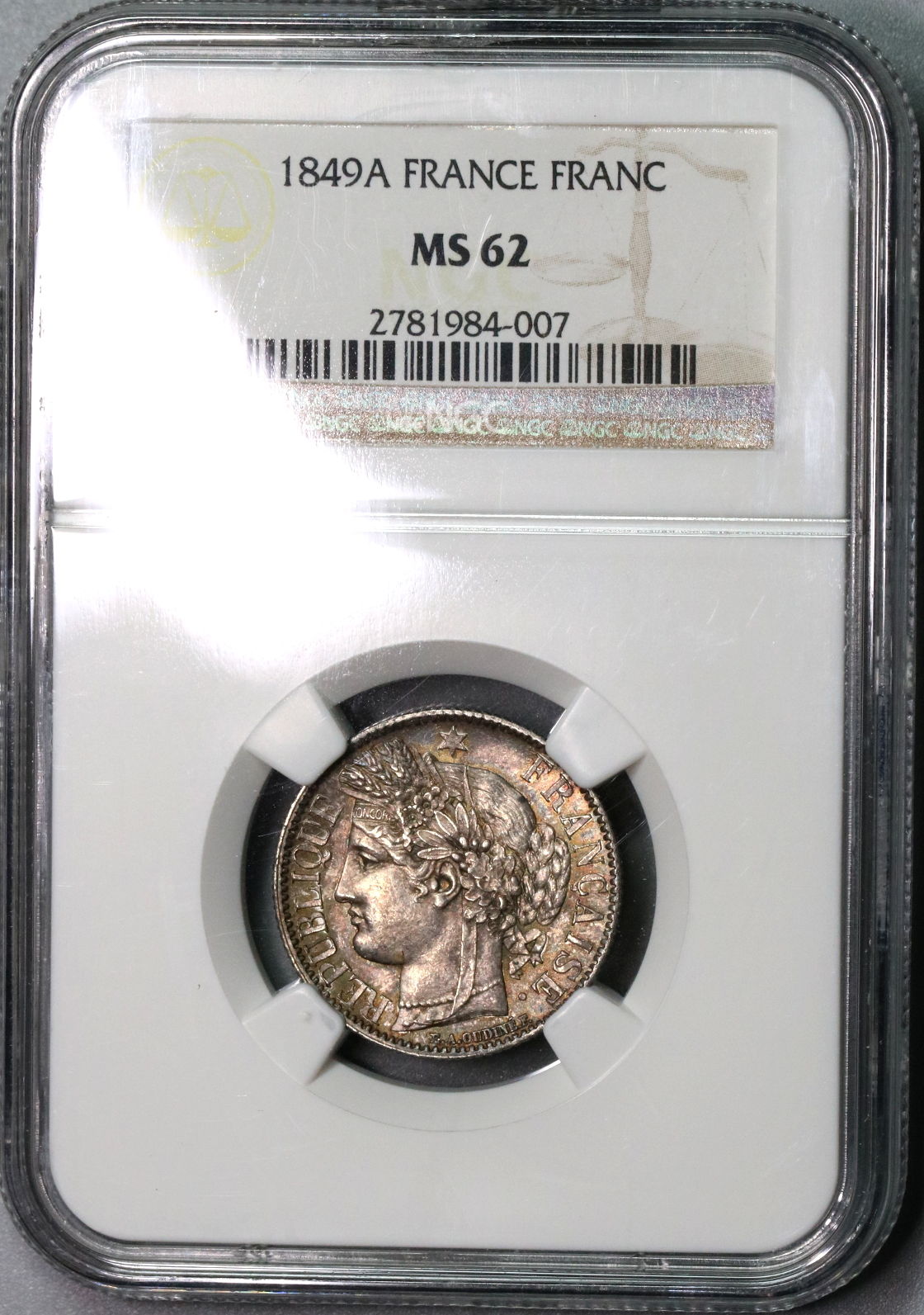 1849-A NGC MS 62 FRANCE Silver 1 Franc Ceres Coin (16103102C)