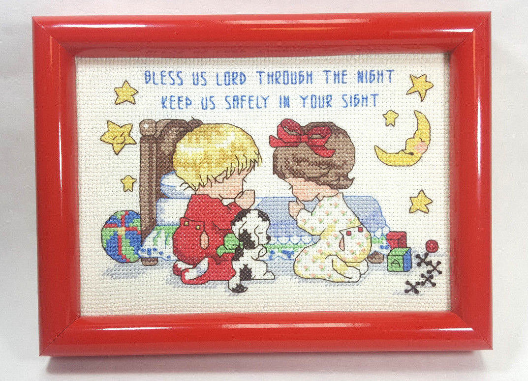 Finished Framed Cross Stitch Art, Praying Kids "Bless Us Lord Through The Night"