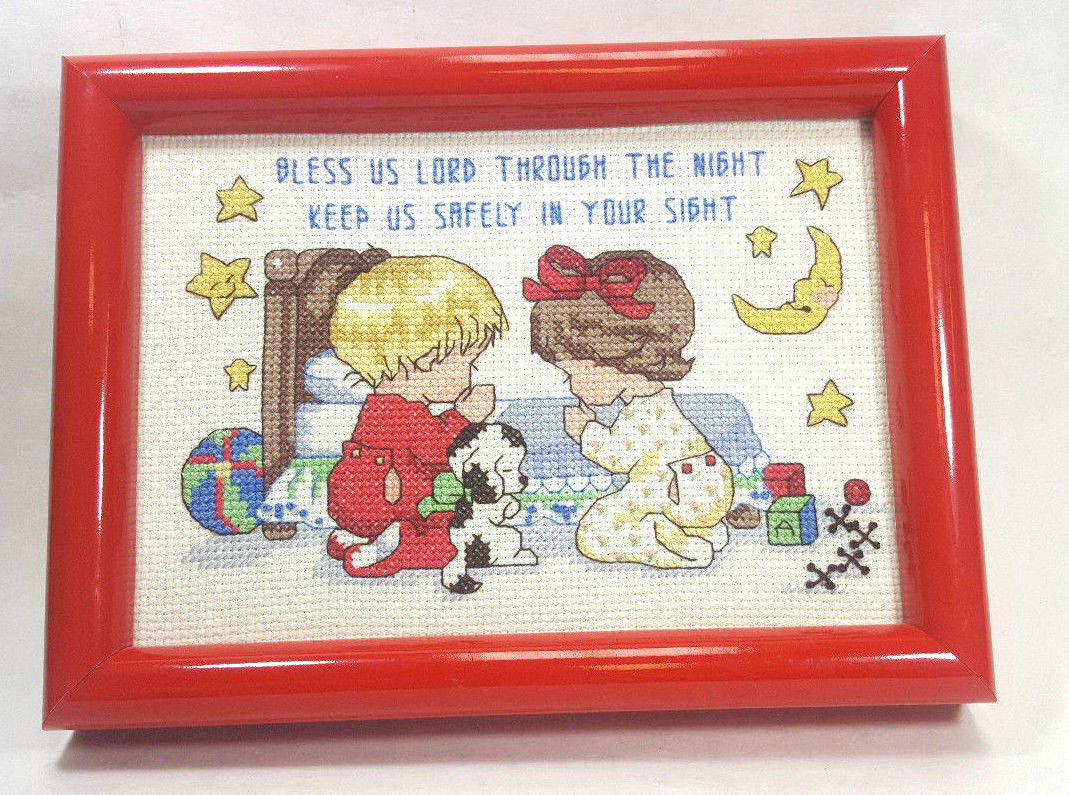 Finished Framed Cross Stitch Art, Praying Kids "Bless Us Lord Through The Night"