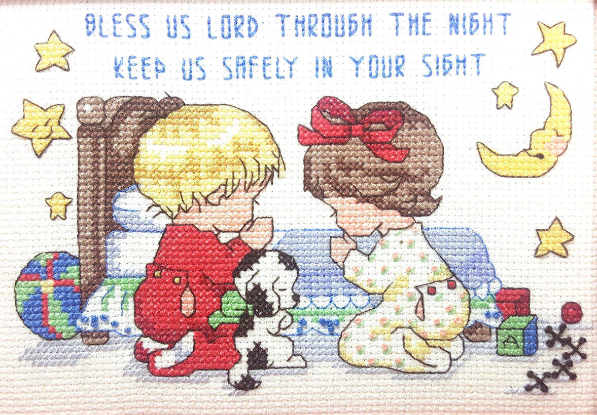 Finished Framed Cross Stitch Art, Praying Kids "Bless Us Lord Through The Night"