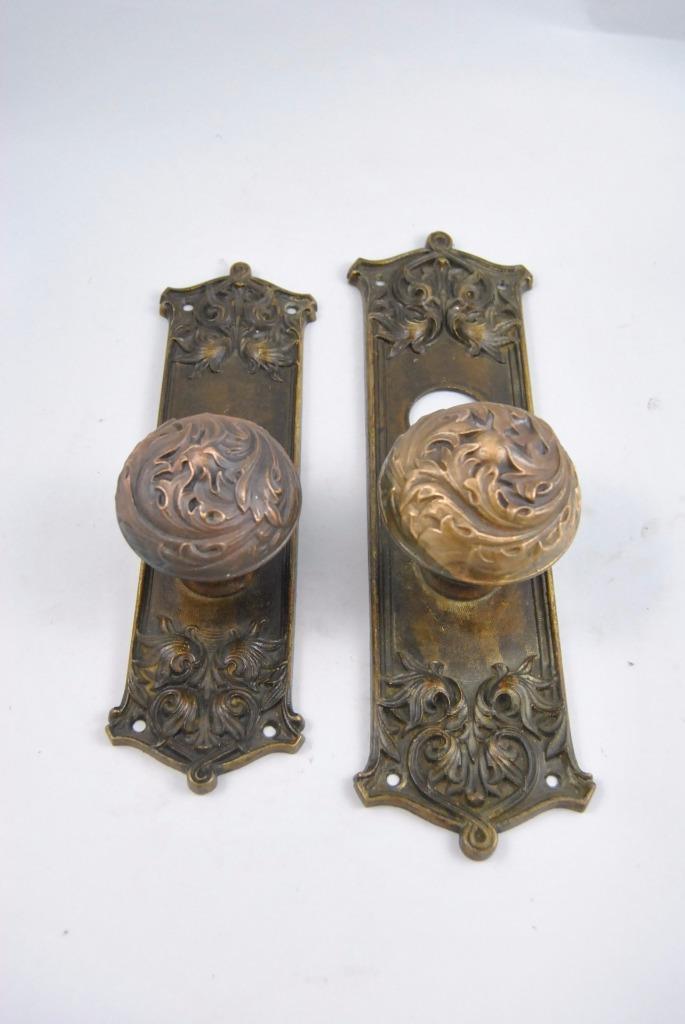 Antique Art Nouveau Cast Brass Door Backplate and Handle / Knob #84330