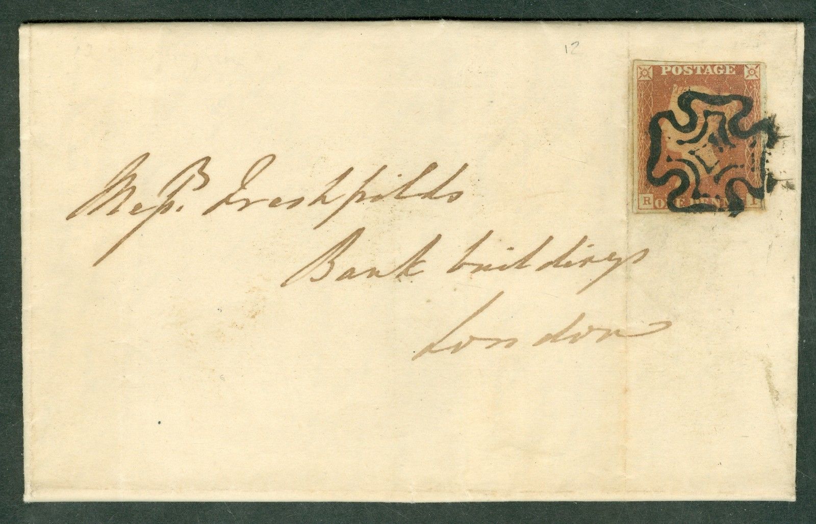 SG 8 1d red brown plate 12 lettered R.I. Used on cover. Tied with a black...