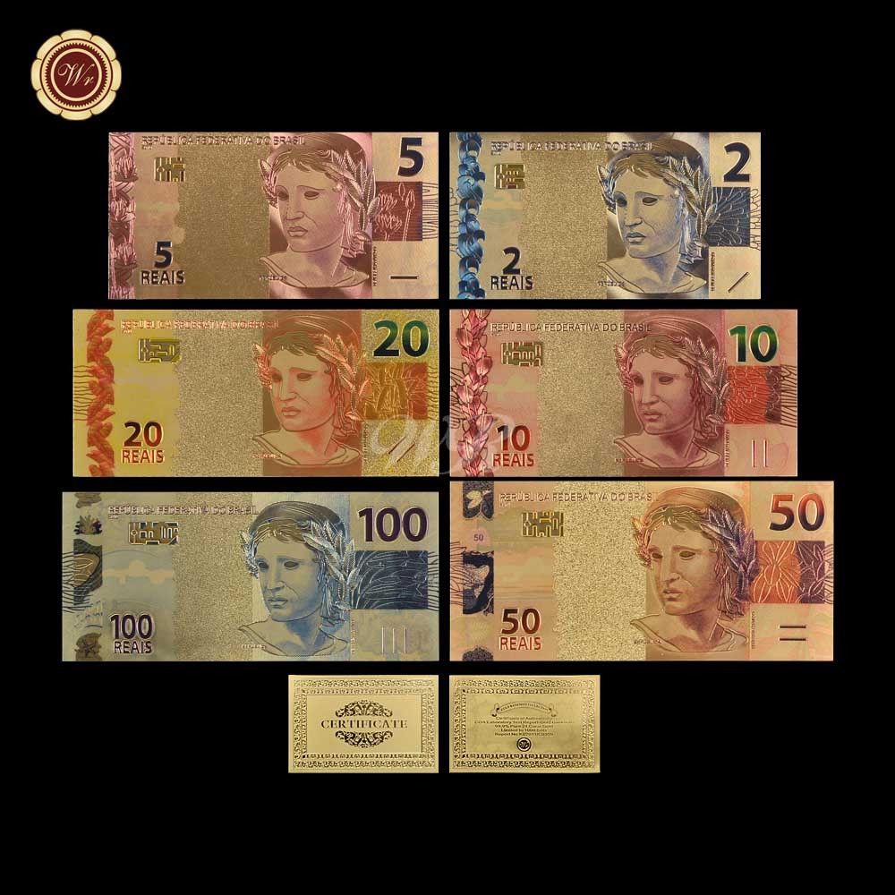 WR Color Gold Brazil Banknote Set 2 5 10 20 50 100 Reals Polymer Note Collection