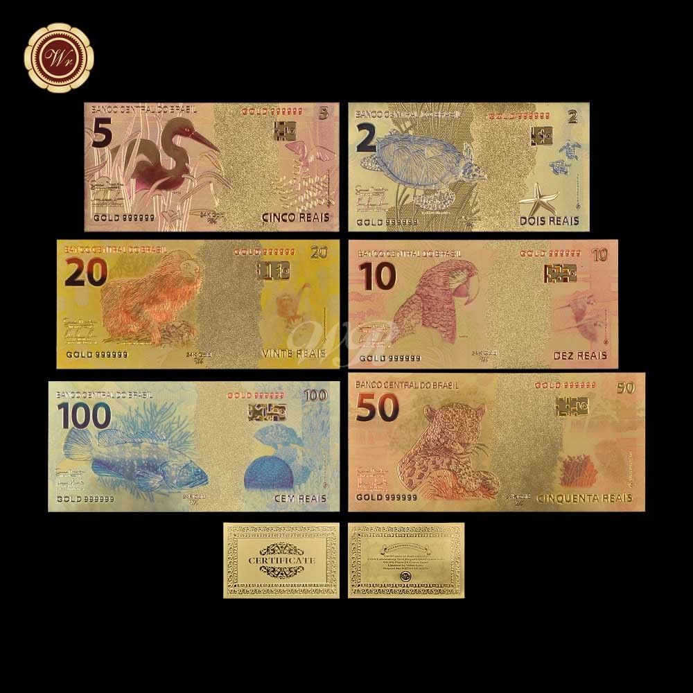 WR Color Gold Brazil Banknote Set 2 5 10 20 50 100 Reals Polymer Note Collection