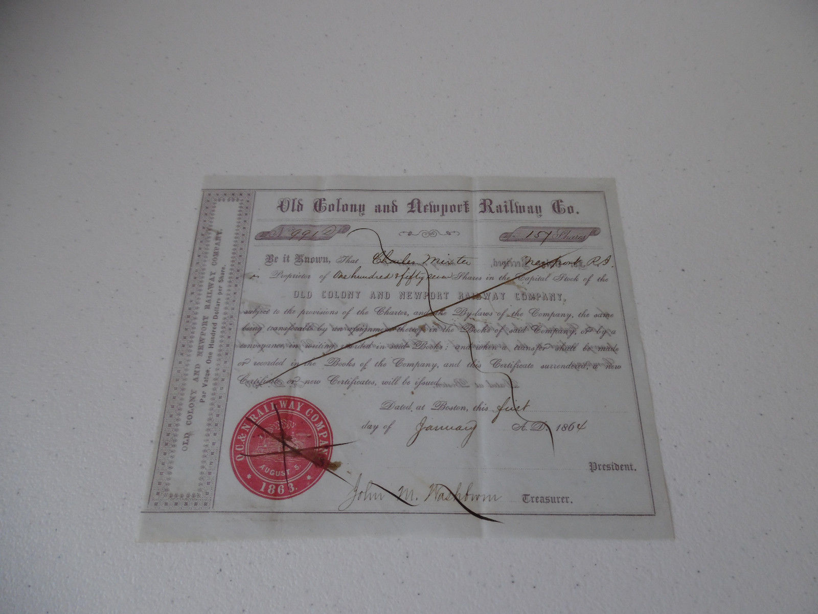 1864 OLD COLONY AND NEWPORT RAILWAY CO. STOCK CERTIFICATE