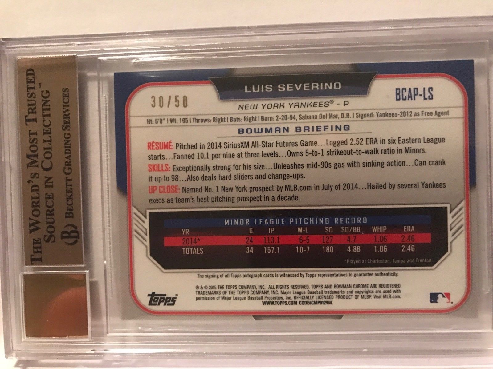 Luis Severino 2015 Bowman Chrome Gold Refractor /50 RC Auto Rookie BGS 9.5/10