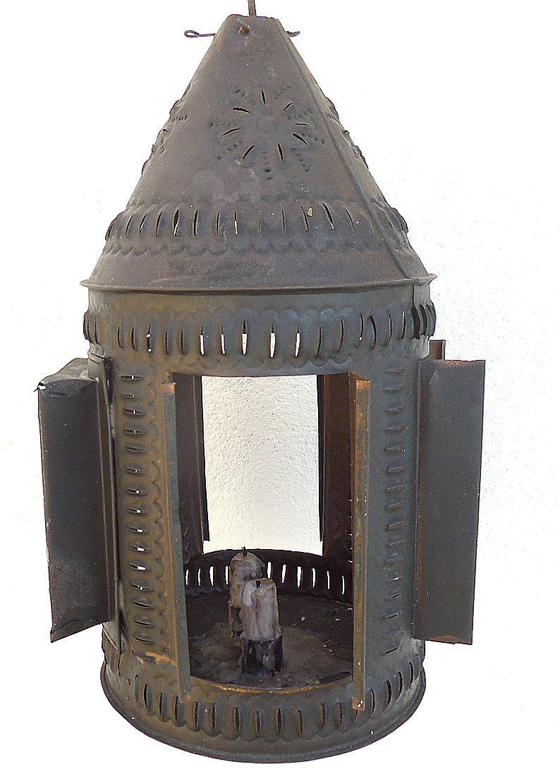 ANTIQUE BIG LANTERN AGAINST THE WOLF .PRIMITIVE FRENCH FOLK ART.TWO CANDLES