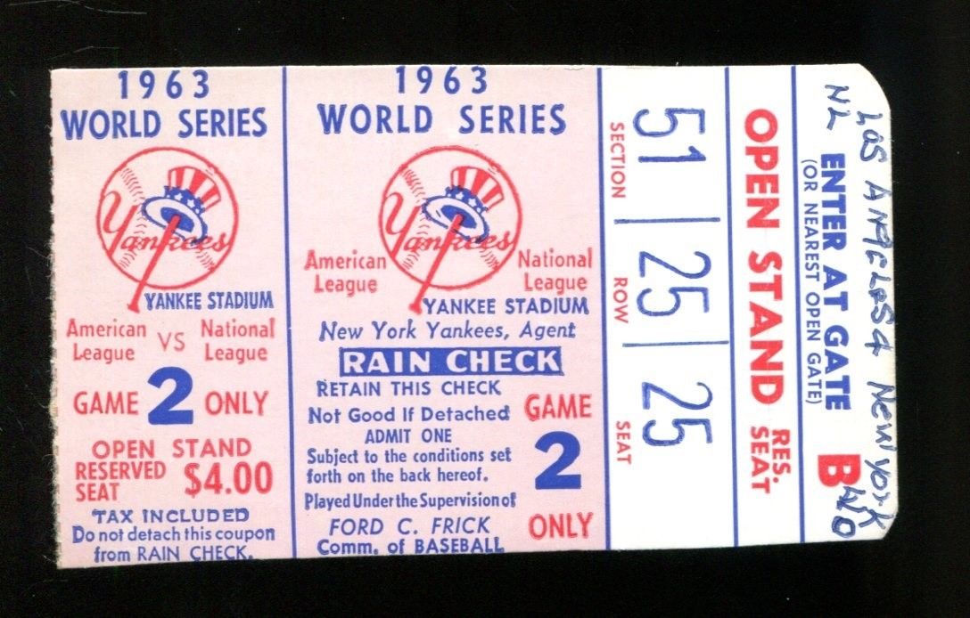 1963 World Series Ticket Game 2 Yankees (1) Dodgers (4) Podres WP 29555