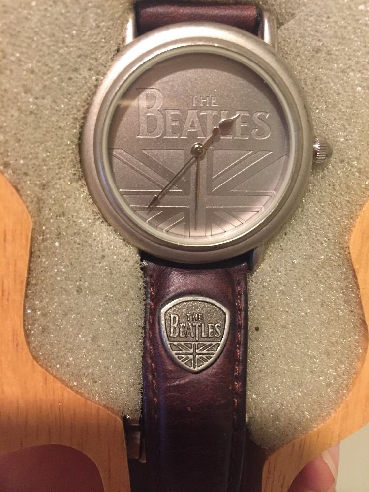 Vintage, The Beatles Watch In Wooden Guitar Display Case Apple Corps