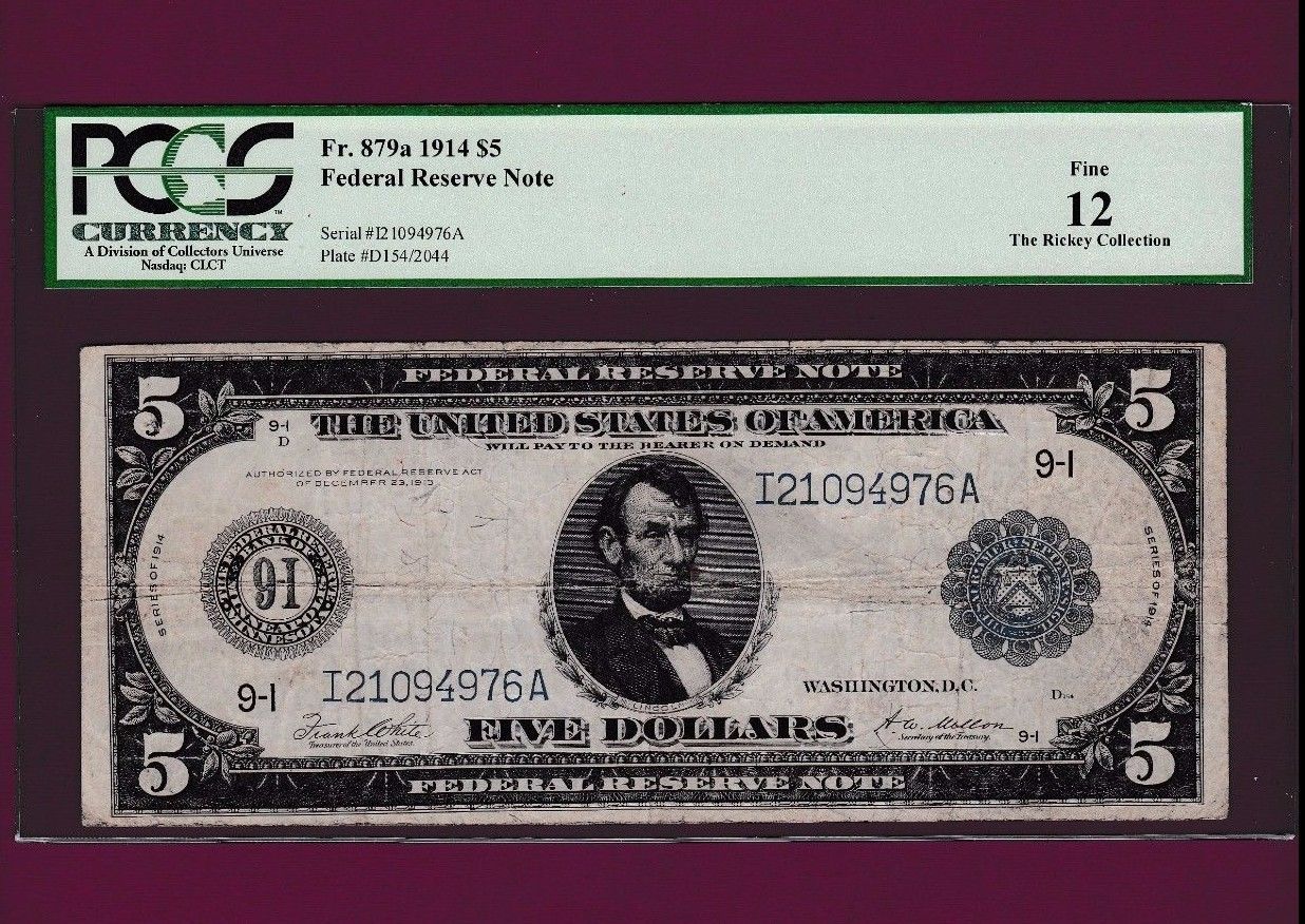 Fr 879a $5 1914  FEDERAL RESERVE NOTE Minneapolis WHITE-MELLON PCGS I 21094976 A