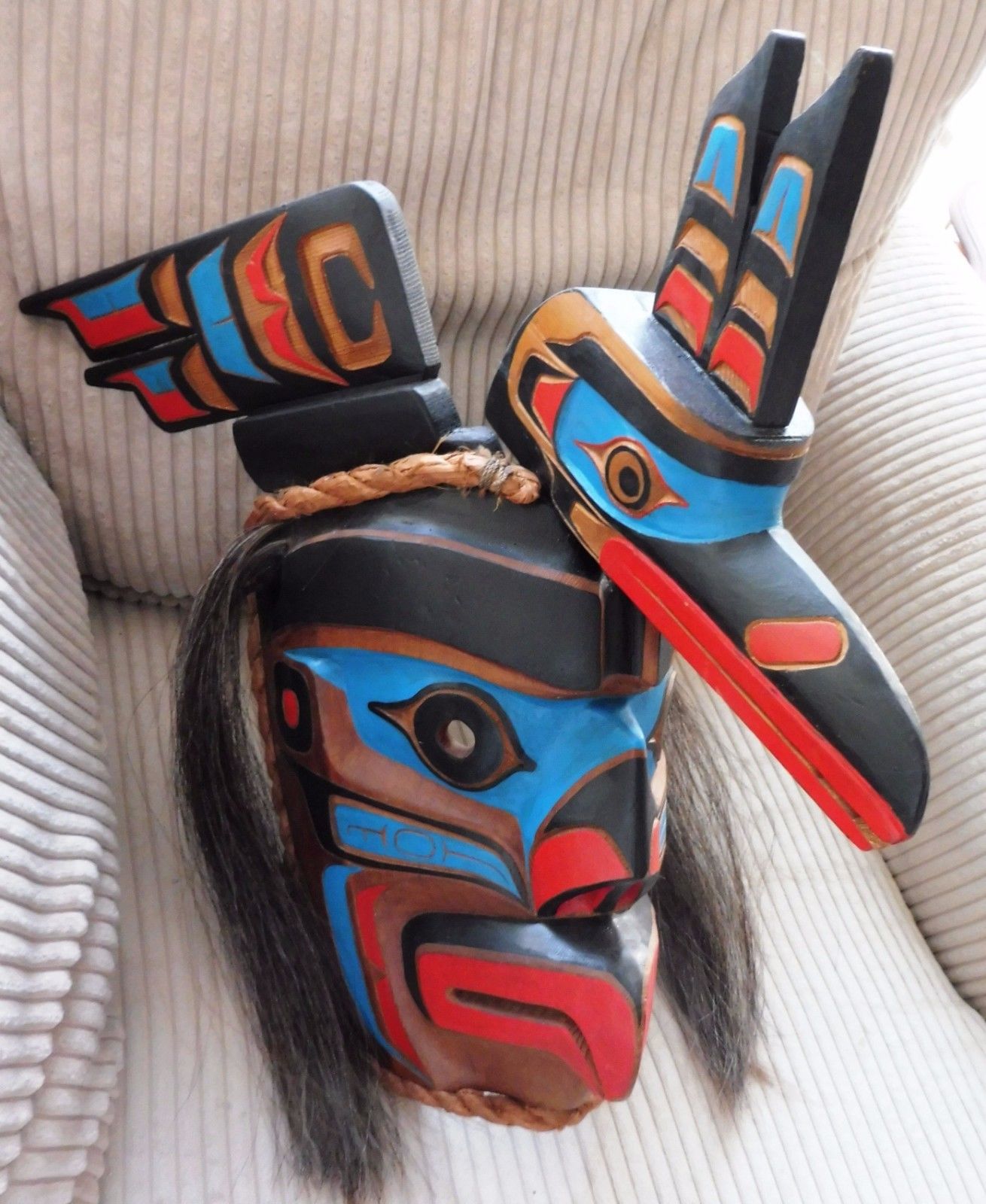 Northwest Coast First Nations native wooden Art: carved MASK, Kingfisher, signed