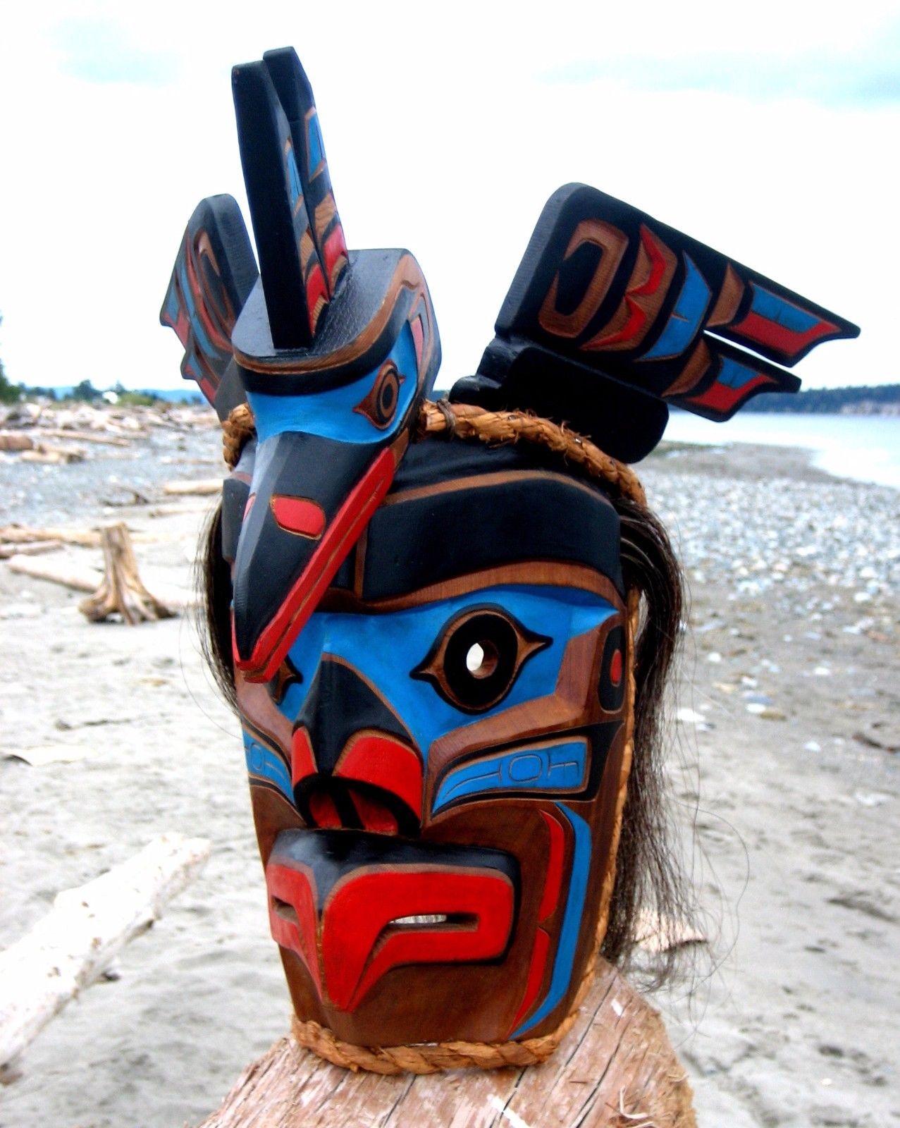Northwest Coast First Nations native wooden Art: carved MASK, Kingfisher, signed