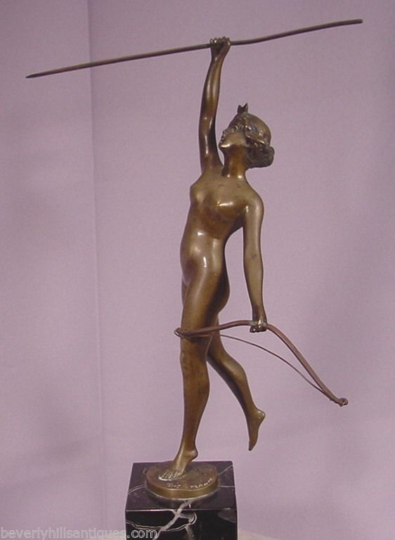 Antique Art Deco Bronze Nude Diana Signed Thermann