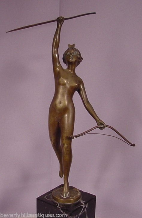 Antique Art Deco Bronze Nude Diana Signed Thermann