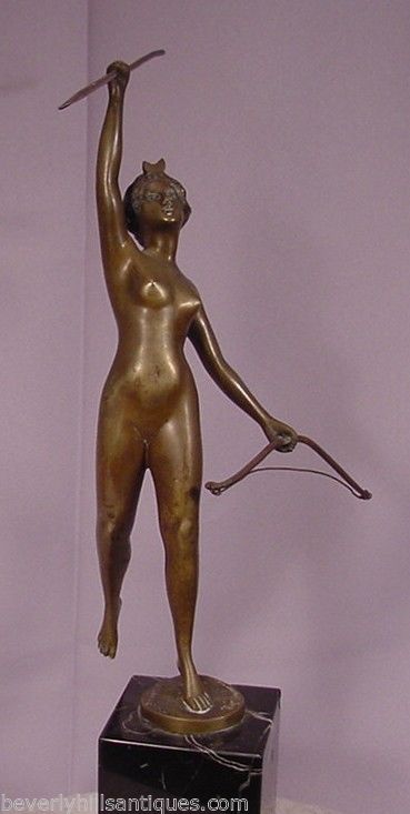 Antique Art Deco Bronze Nude Diana Signed Thermann