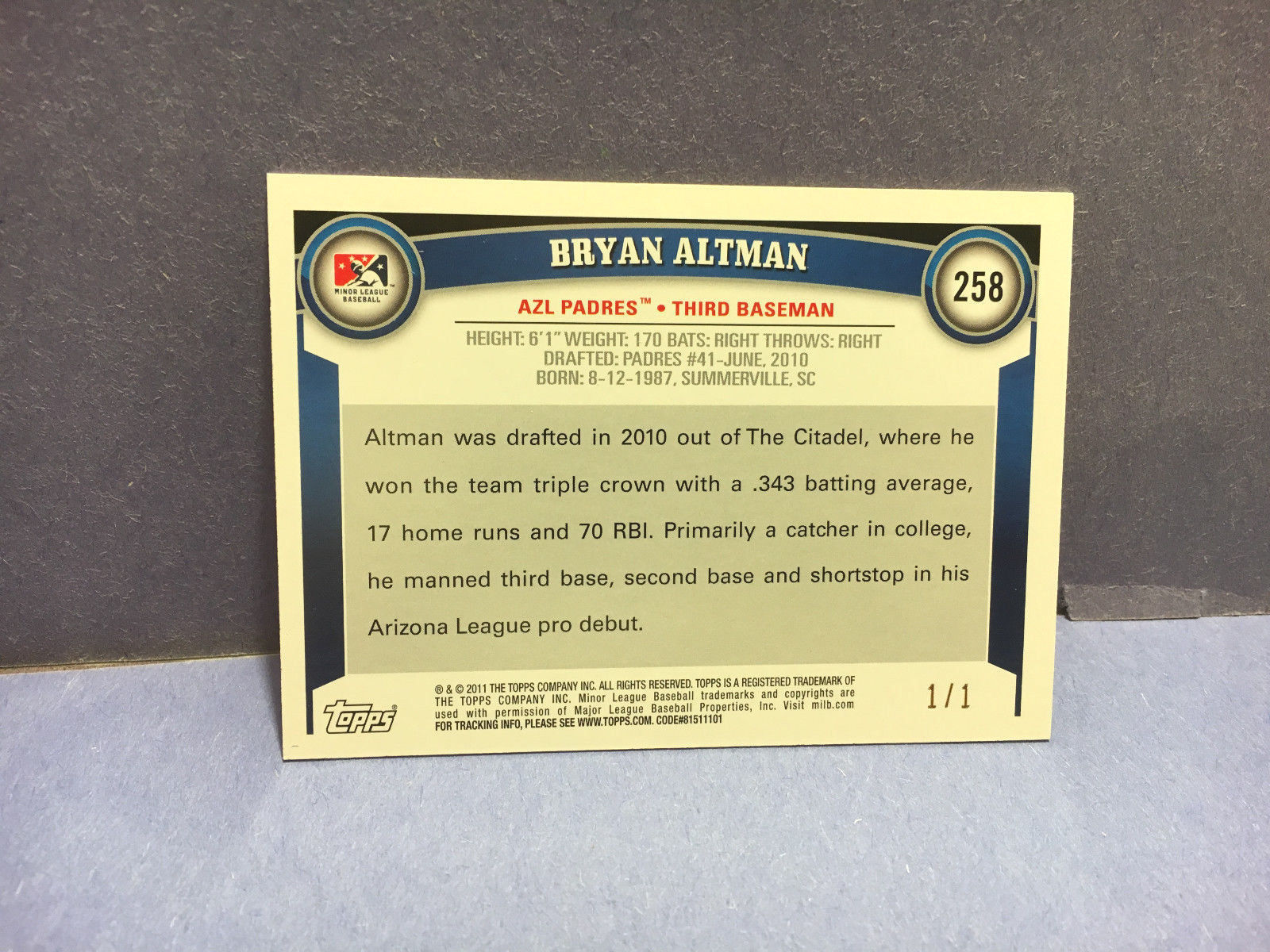 2011 Topps Pro Debut Bryan Altman San Diego Padres Arizona Rookie Card # 1/ 1 NM