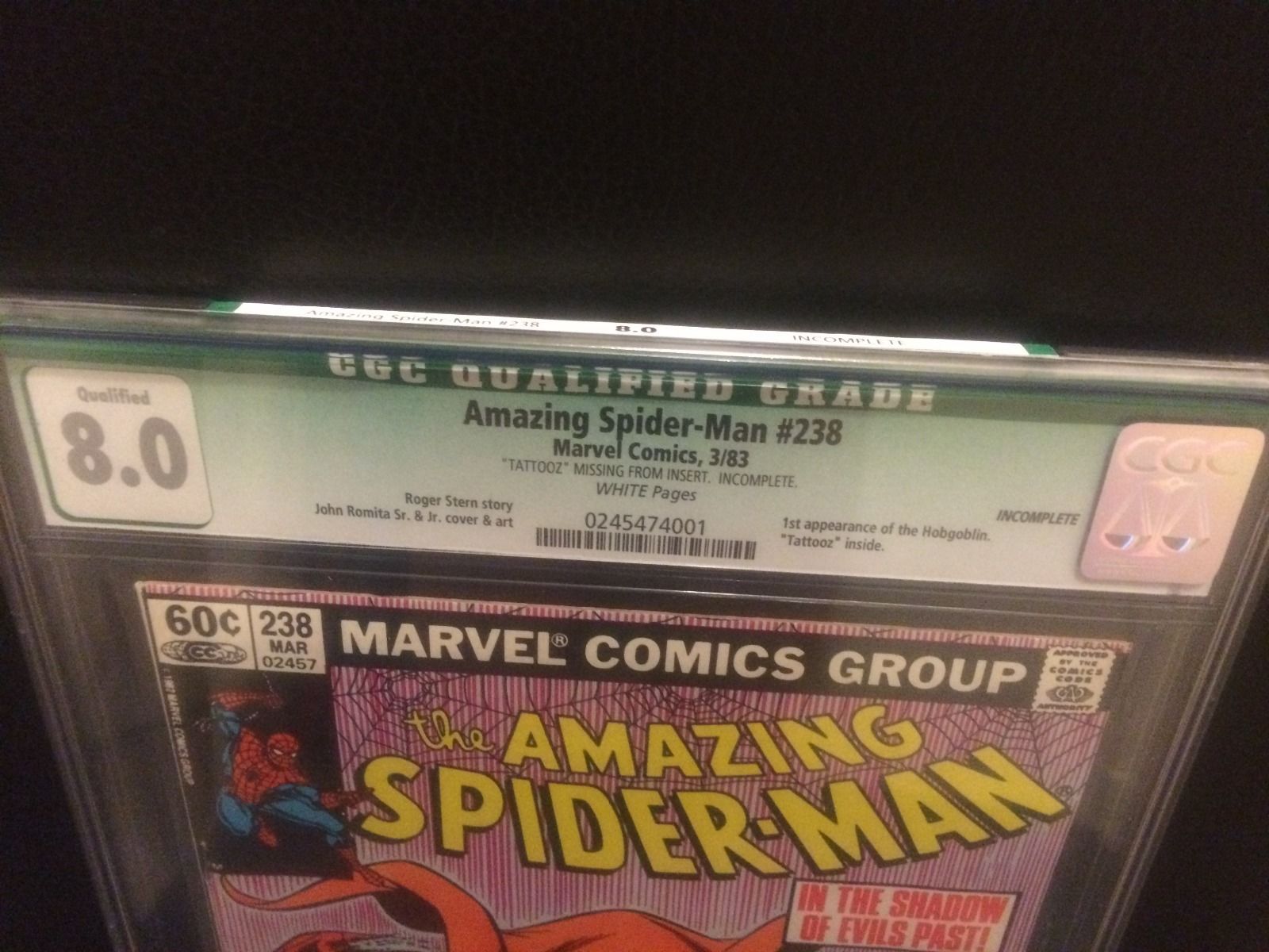 Amazing Spider-man 238 CGC 8.0 Qualified 1st Hobgoblin White pages