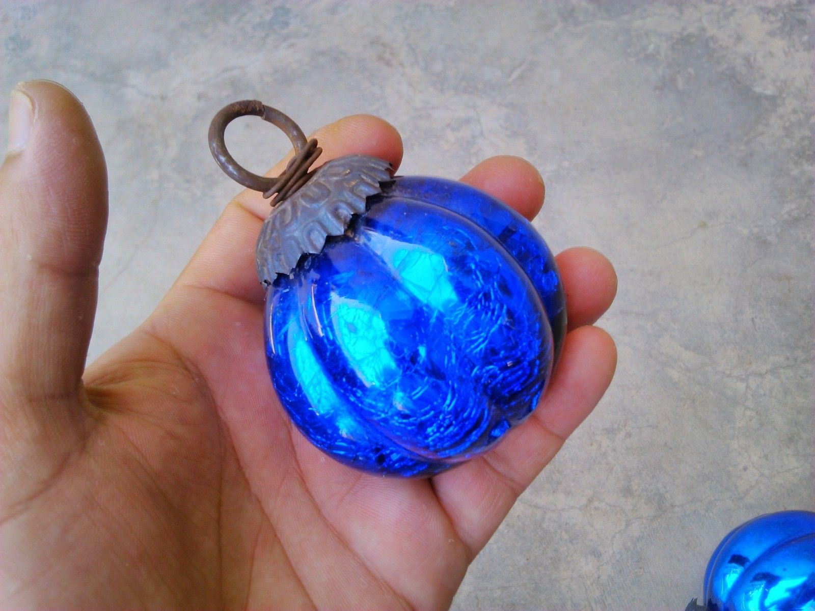 Vintage Old Glass Blue Kugel / Christmas Ornament - Home Decor , Inside Silver