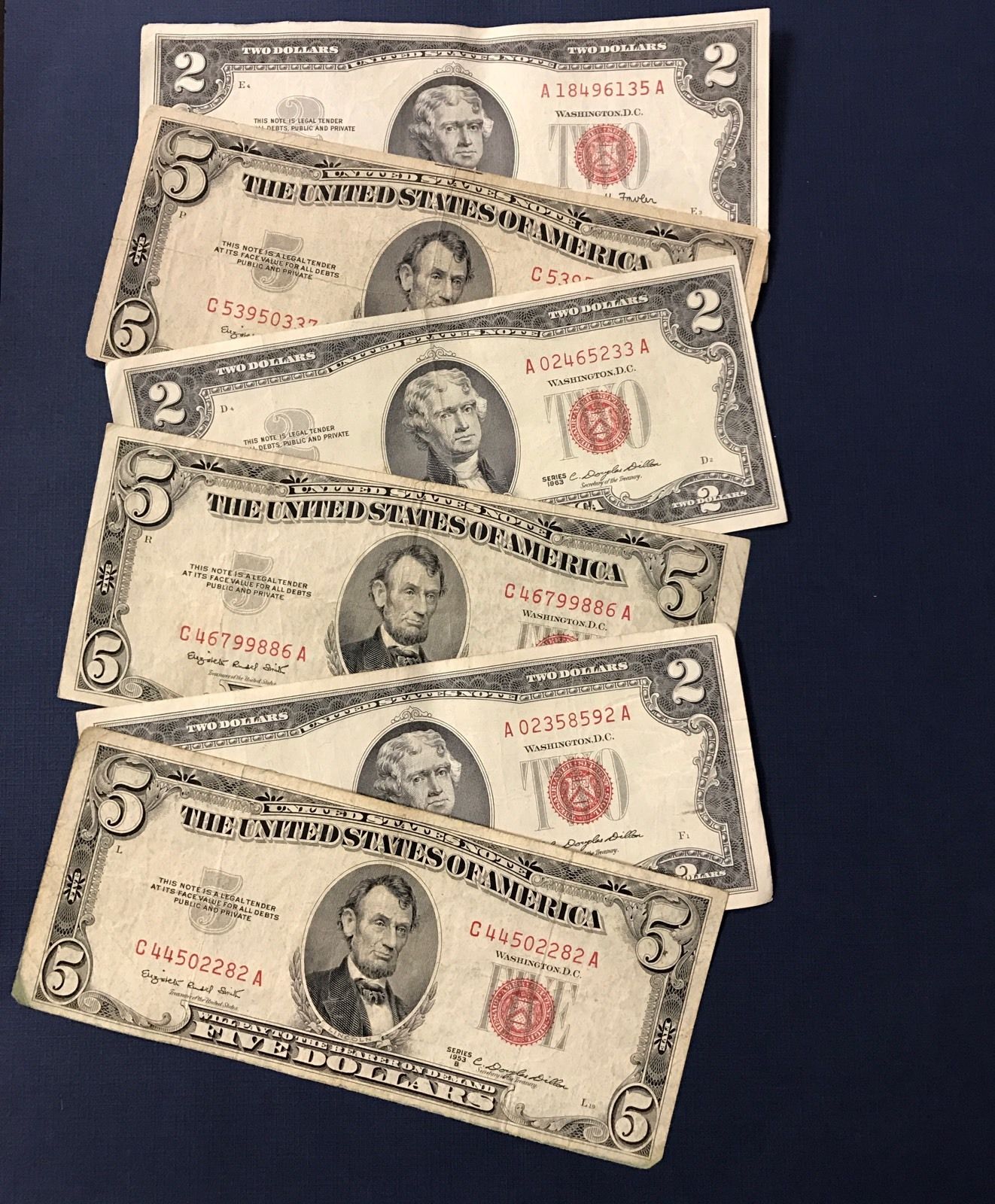 2 Note Paper Money Collection - 1963 $2 AND 1953 $5 Red Seals