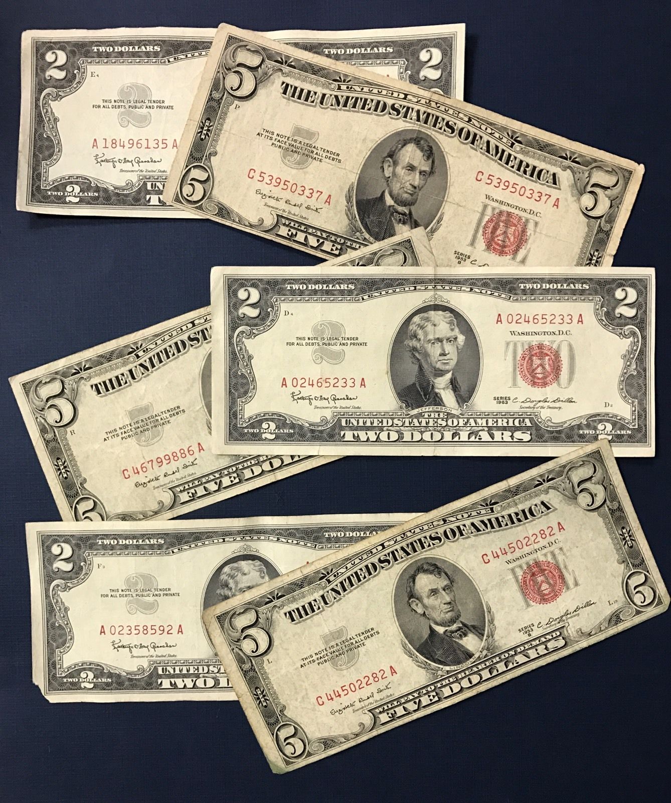 2 Note Paper Money Collection - 1963 $2 AND 1953 $5 Red Seals