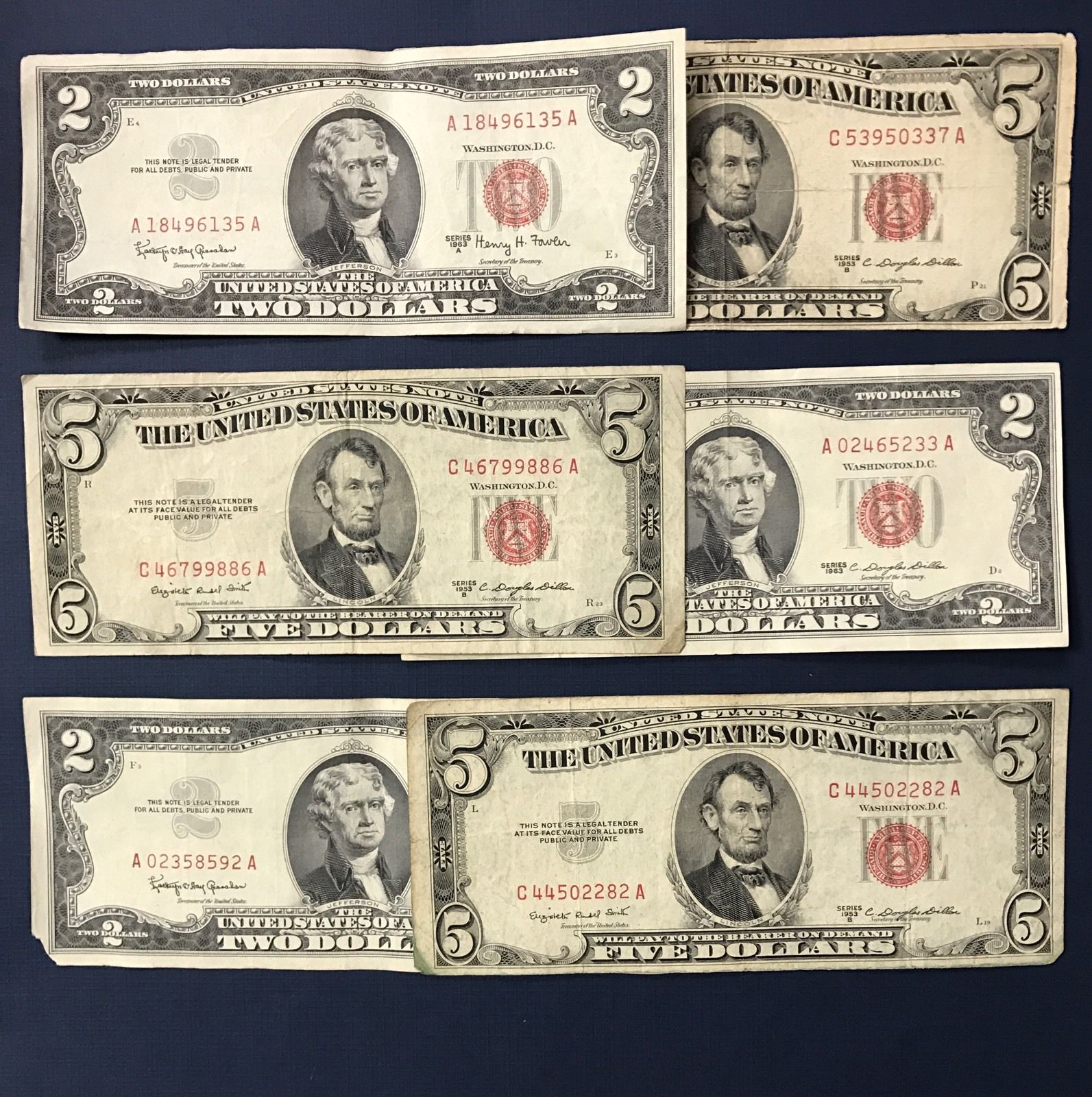 2 Note Paper Money Collection - 1963 $2 AND 1953 $5 Red Seals