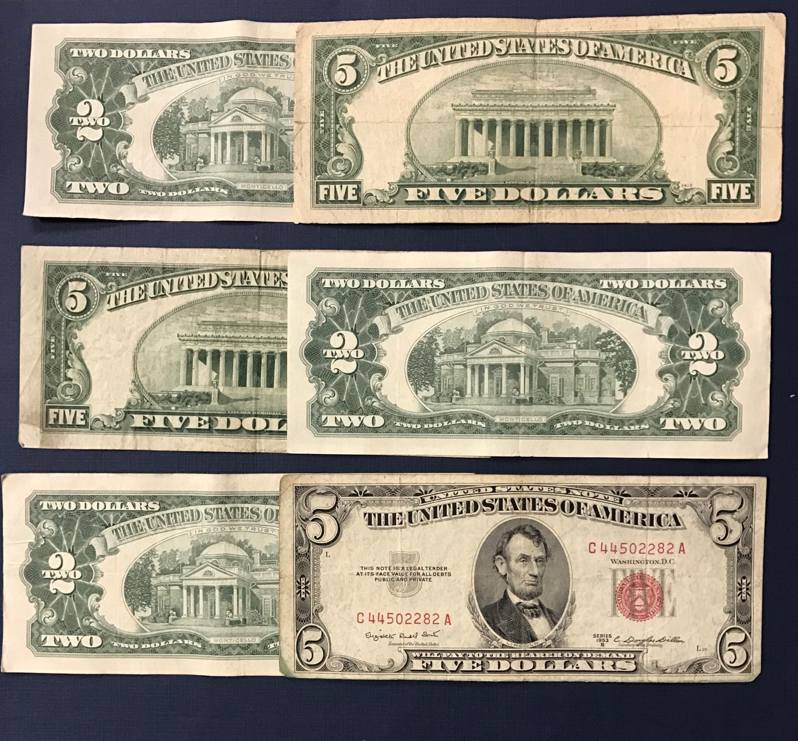 2 Note Paper Money Collection - 1963 $2 AND 1953 $5 Red Seals