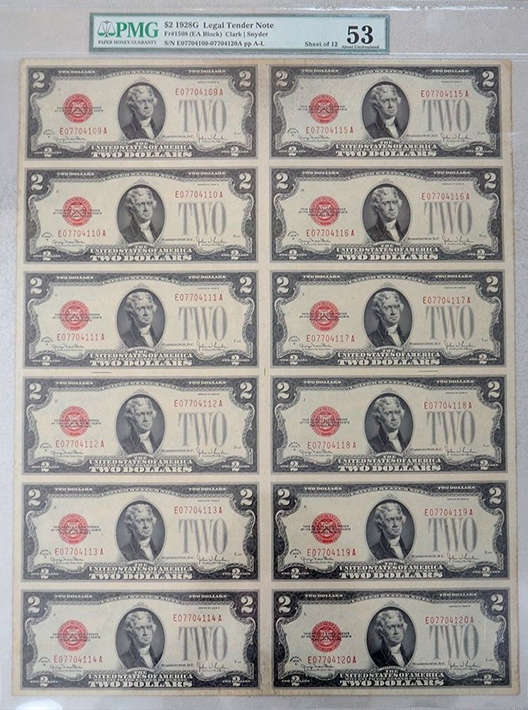 UNCUT SHEET (12) 1928 G SERIES $2 DOLLAR US LEGAL TENDER NOTES FR#1508 PMG AU 53