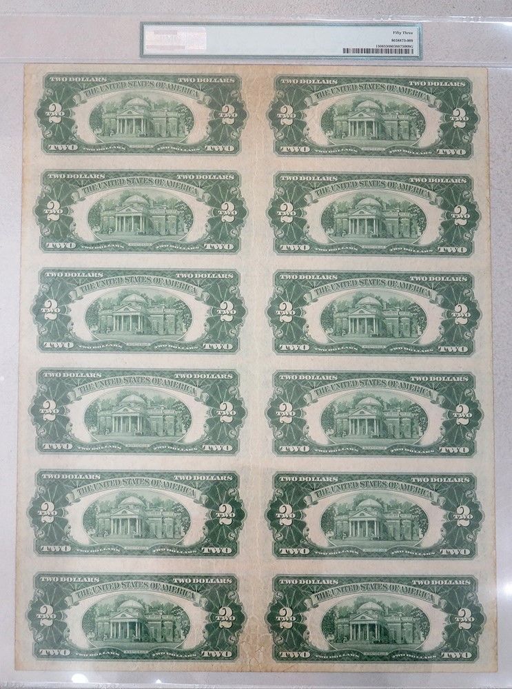 UNCUT SHEET (12) 1928 G SERIES $2 DOLLAR US LEGAL TENDER NOTES FR#1508 PMG AU 53