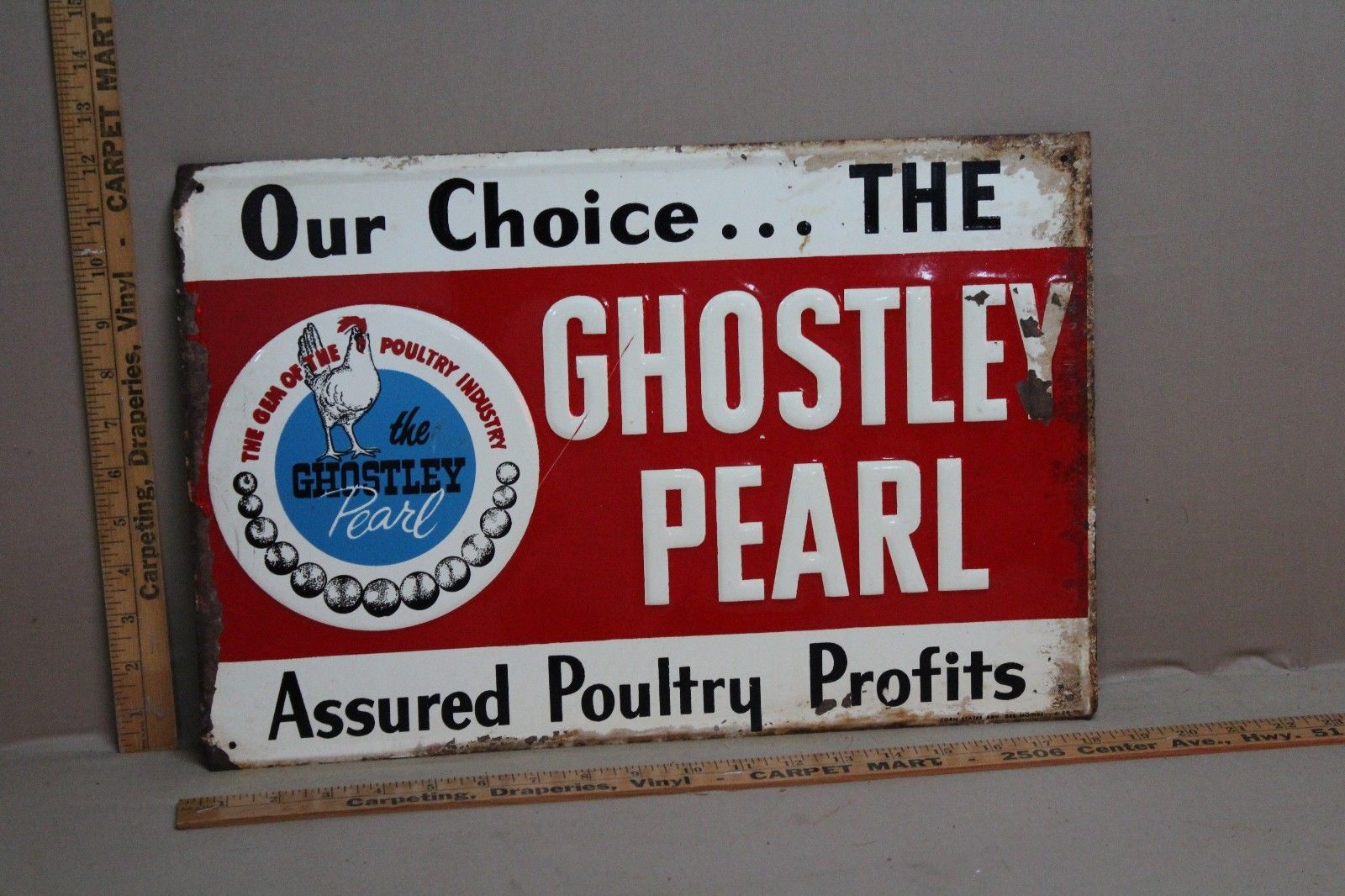 RARE 1940's GHOSTLEY PEARL POULTRY CHICKEN FEED EMBOSSED METAL SIGN ROOSTER