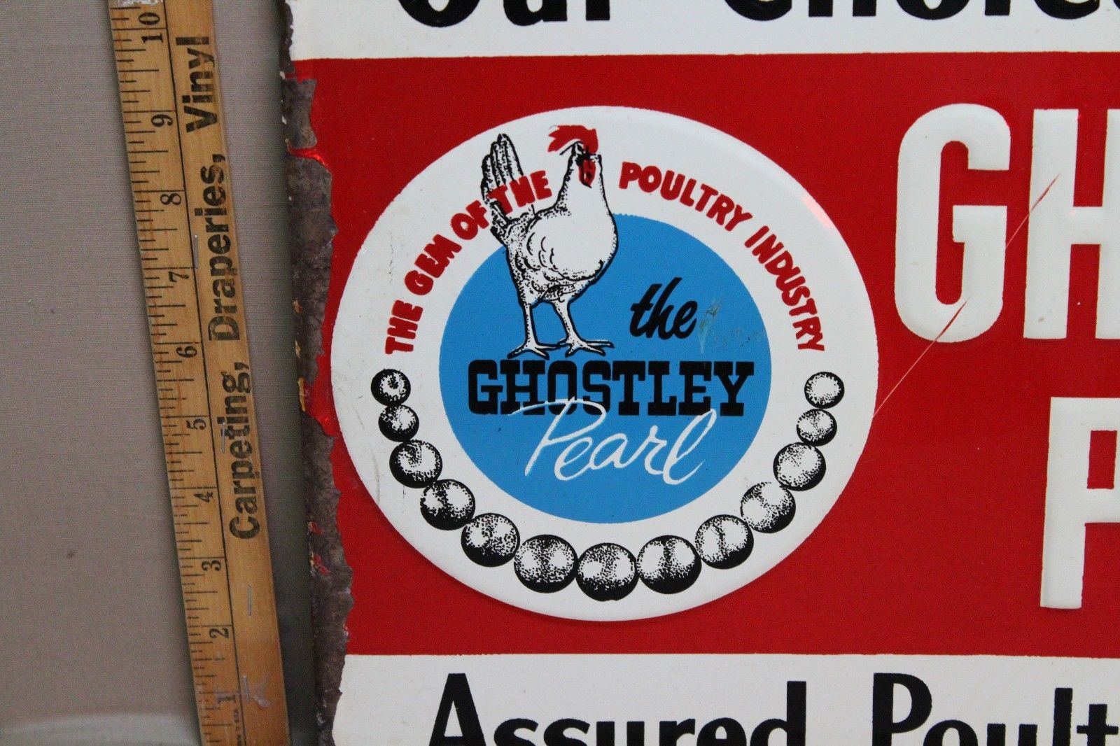 RARE 1940's GHOSTLEY PEARL POULTRY CHICKEN FEED EMBOSSED METAL SIGN ROOSTER