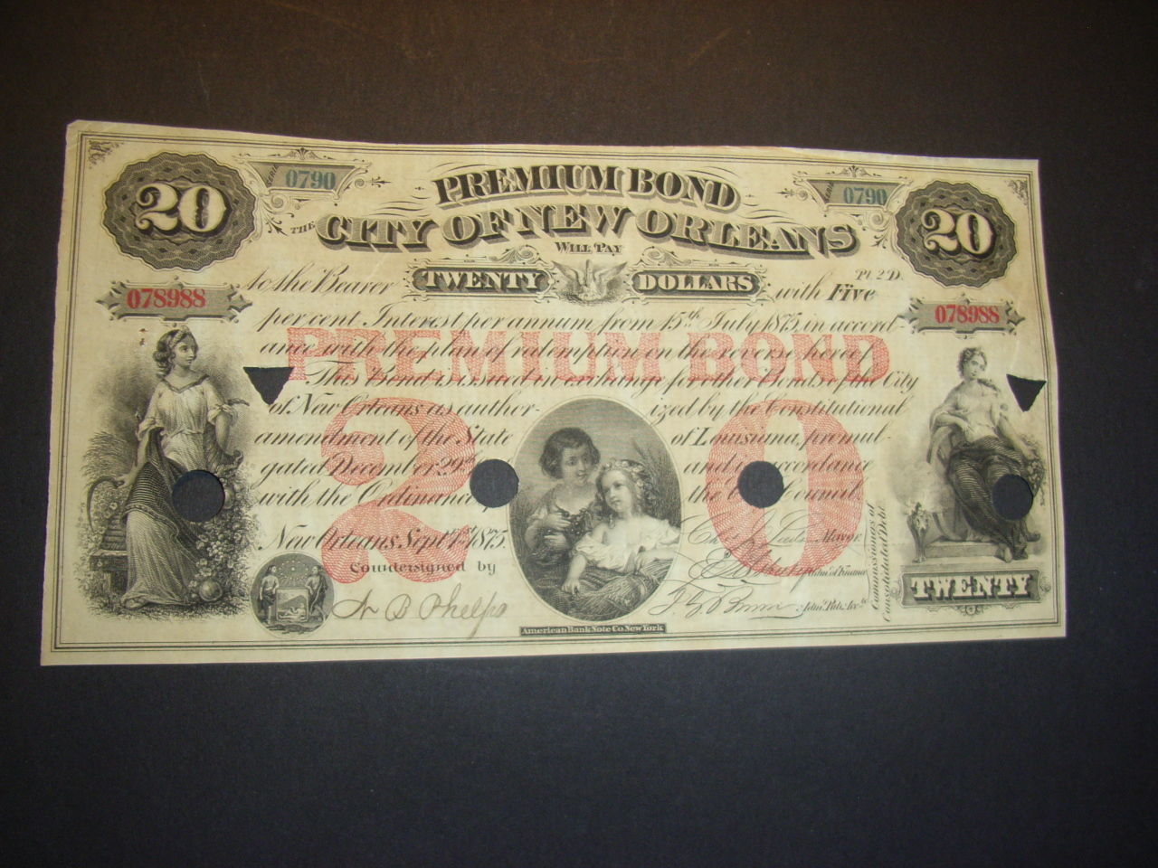 Lousiana Premium Bond, City of New Orleans, 20 Dollars, 1875