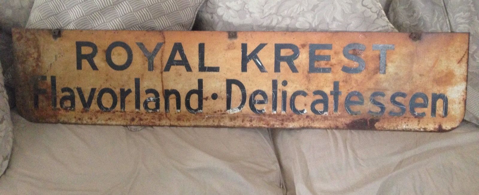 Original Vintage Royal Krest Flavorland Delicatessen Metal Sign 46" x 10"