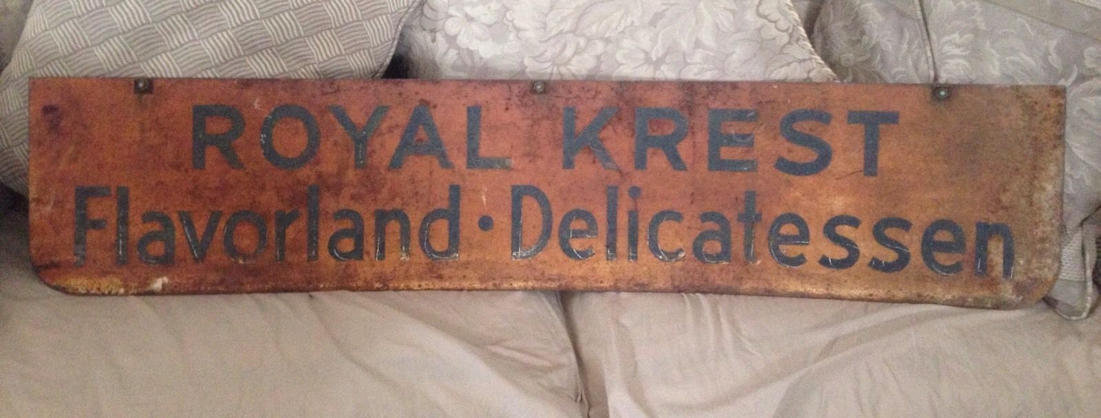 Original Vintage Royal Krest Flavorland Delicatessen Metal Sign 46" x 10"