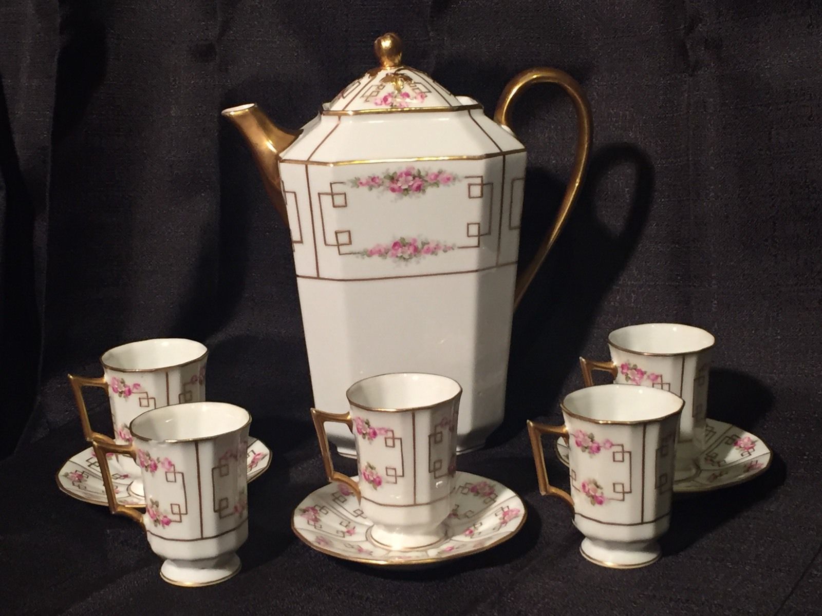 Limoges Chocolate Pot Set - Hand Painted Pink Roses & Gold Pot Cups & Saucers