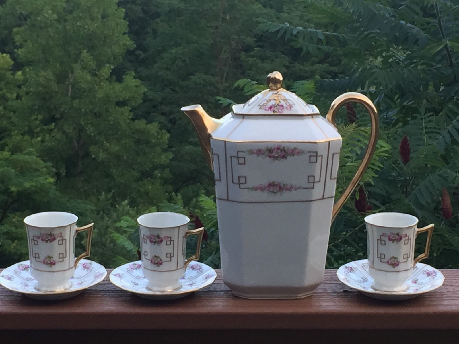 Limoges Chocolate Pot Set - Hand Painted Pink Roses & Gold Pot Cups & Saucers